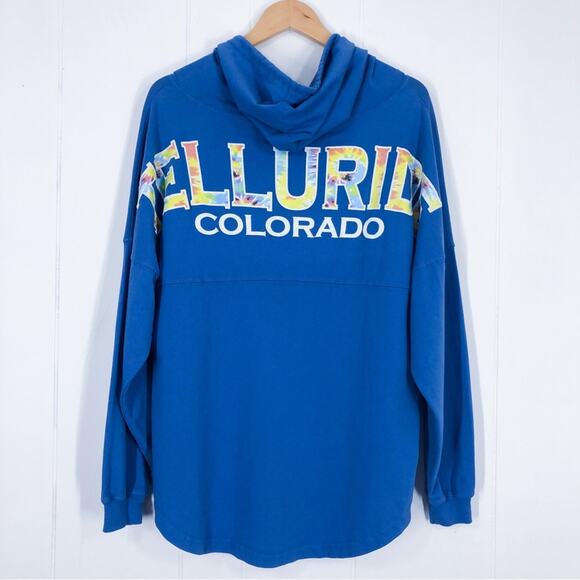 Spirit Jersey Shirt Tie Dye Hooded Cowl Neck Telluride Colorado Size Small Blue - Picture 16 of 16